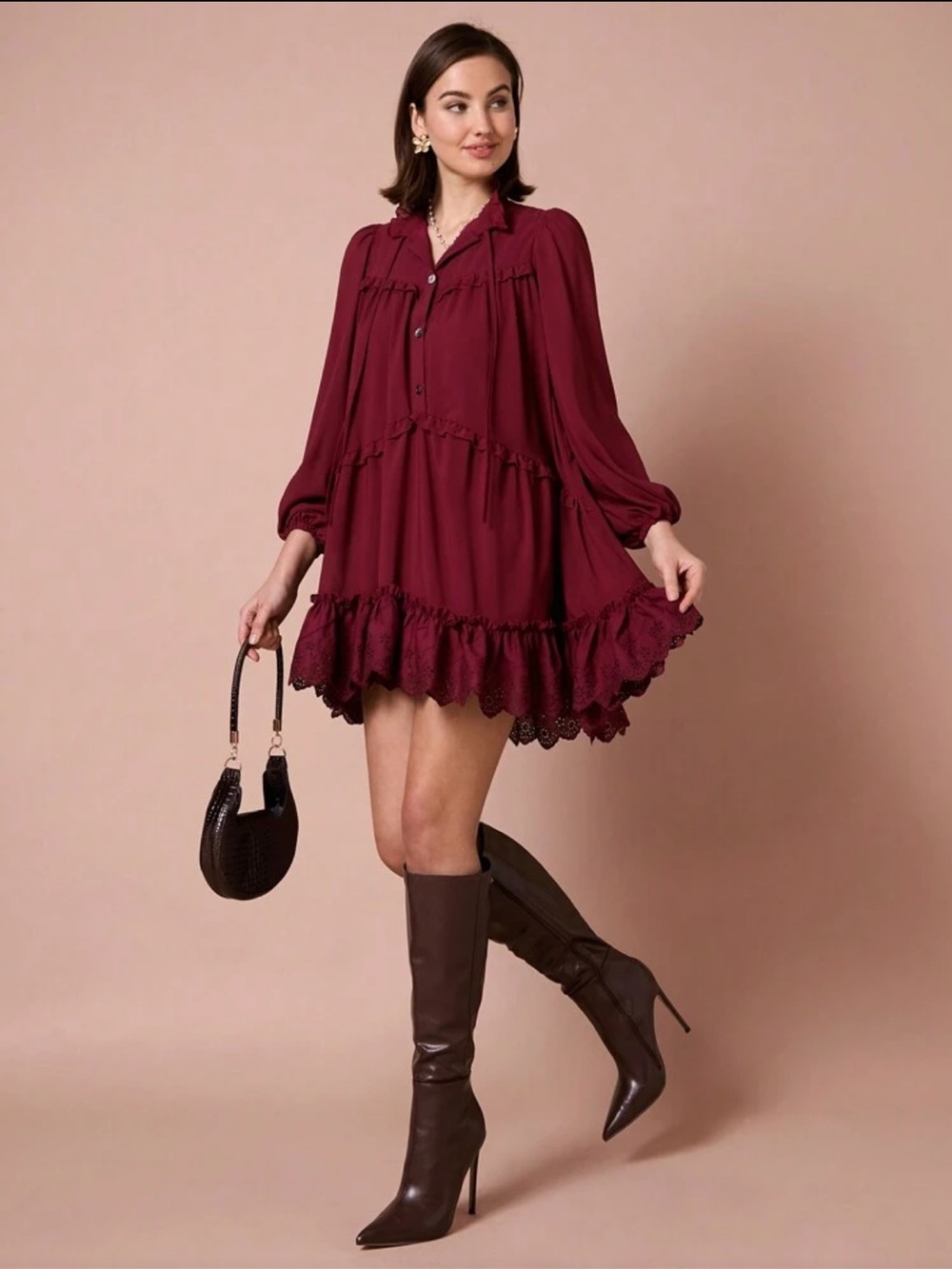 Beautiful Autumn Red Long Sleeve Ruffle Hem Dress with lace detailing